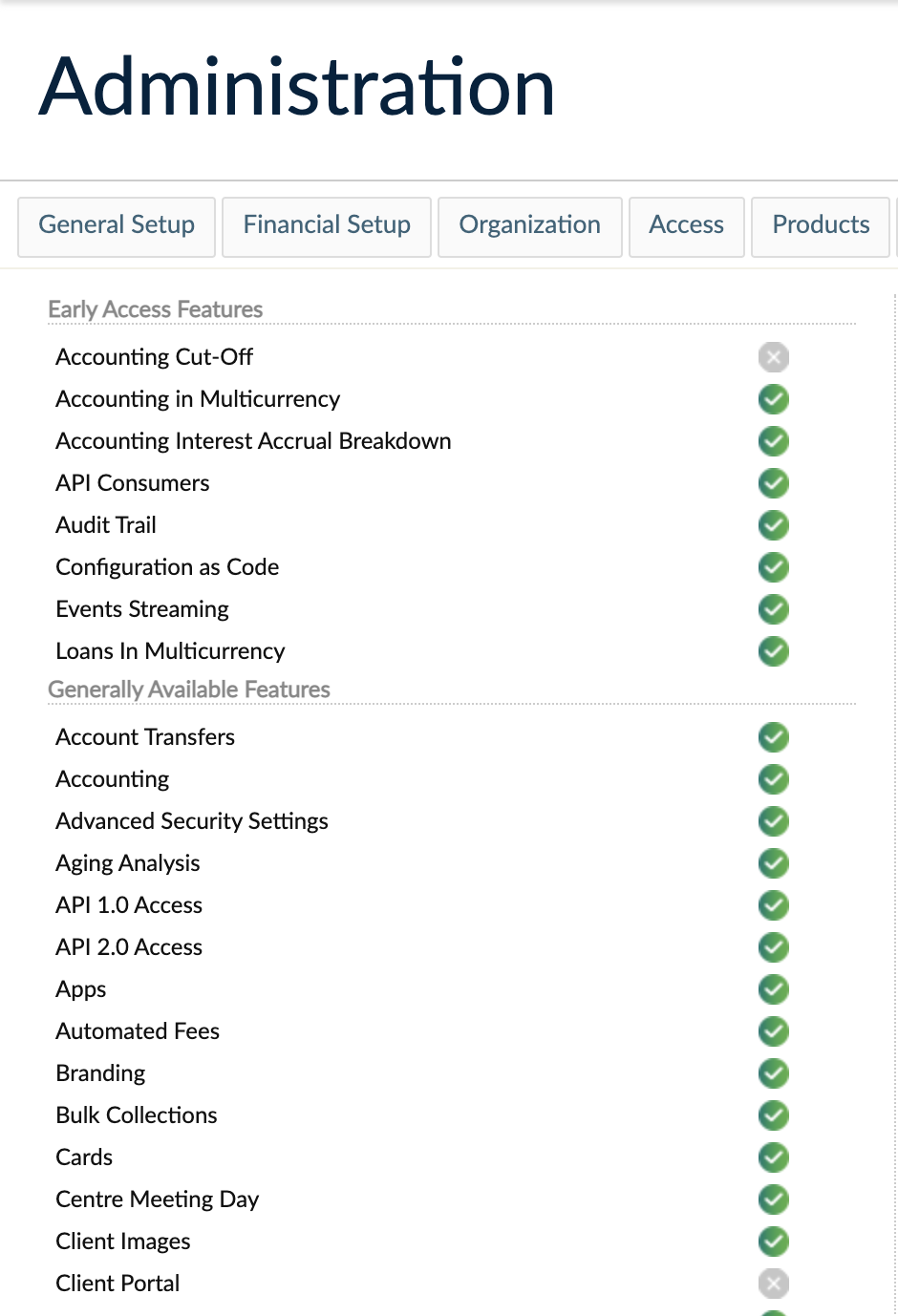Administration screen Mambu with Early Access and Generally Available features